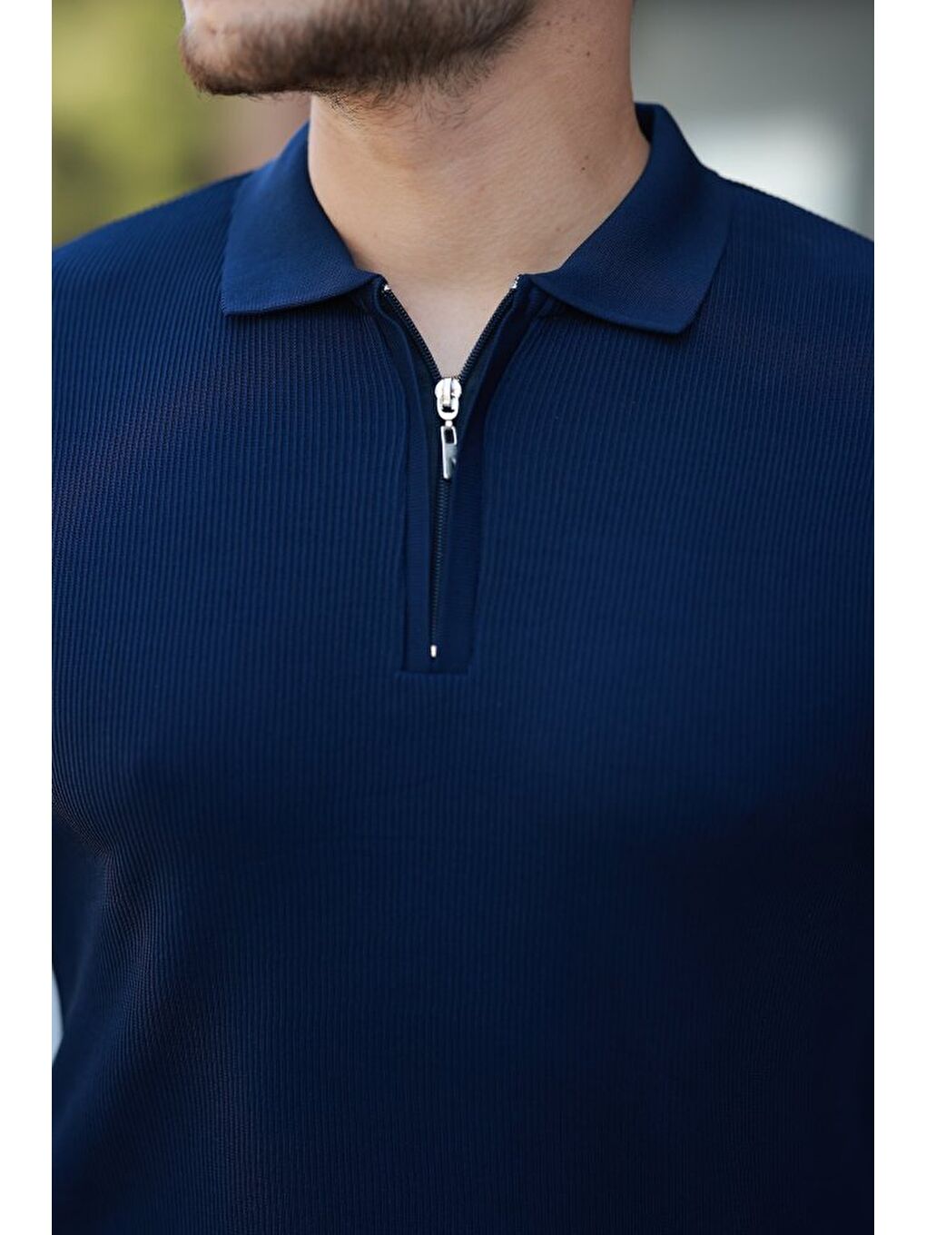 Lacivert Erkek Fermuarlı Yakalı Kısa Kollu Tshirt-2