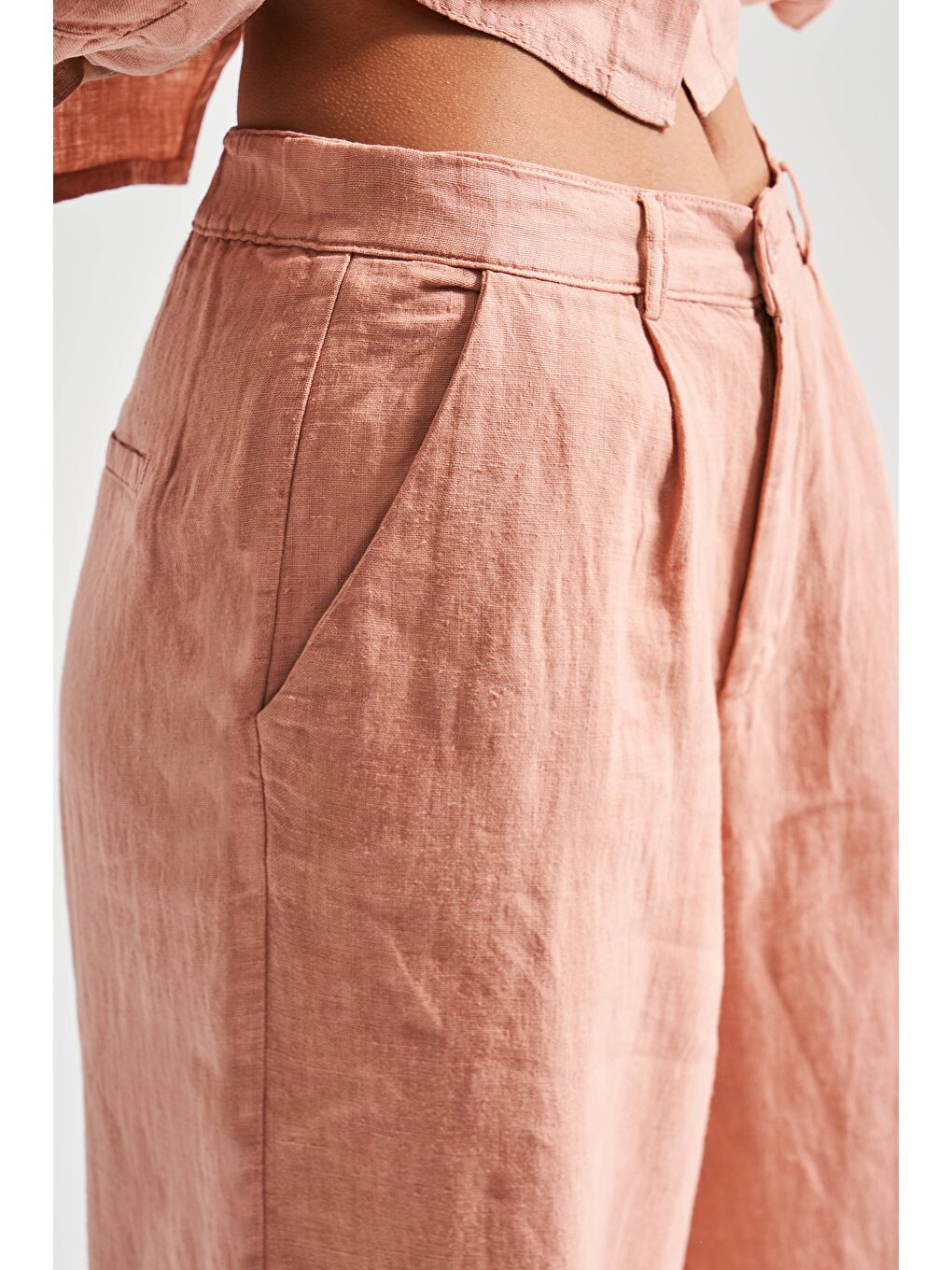 Pembe Kadın Orkide Pudra Renk 6s5-21 Palazzo Fit Keten Kumaş Bol Kesim Pantolon-2