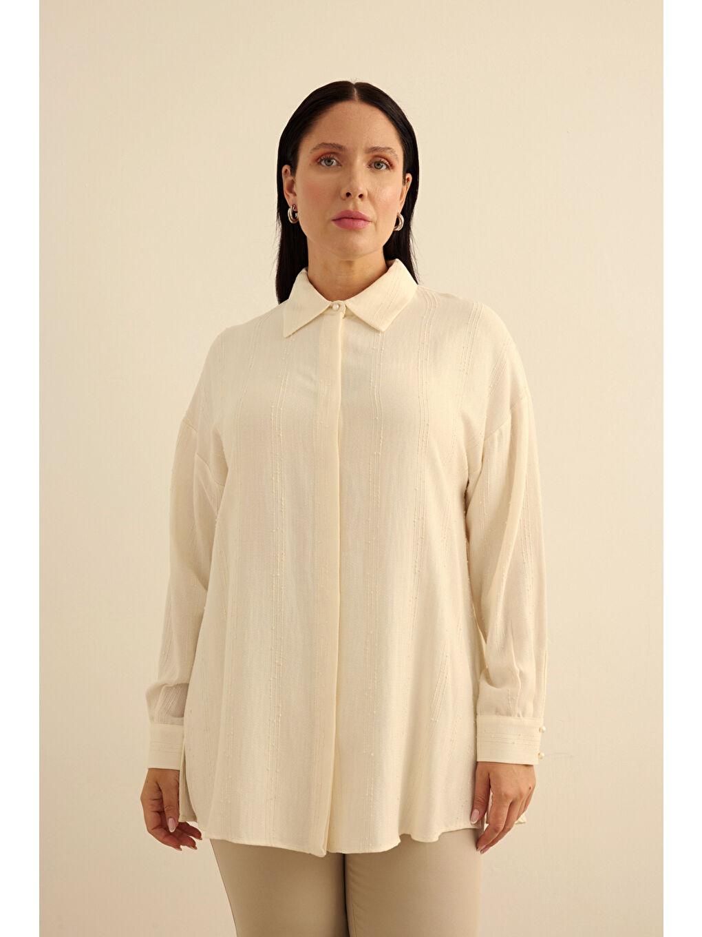 Ekru Bürümcük İp Dokulu , Viscon Keten Tunik
