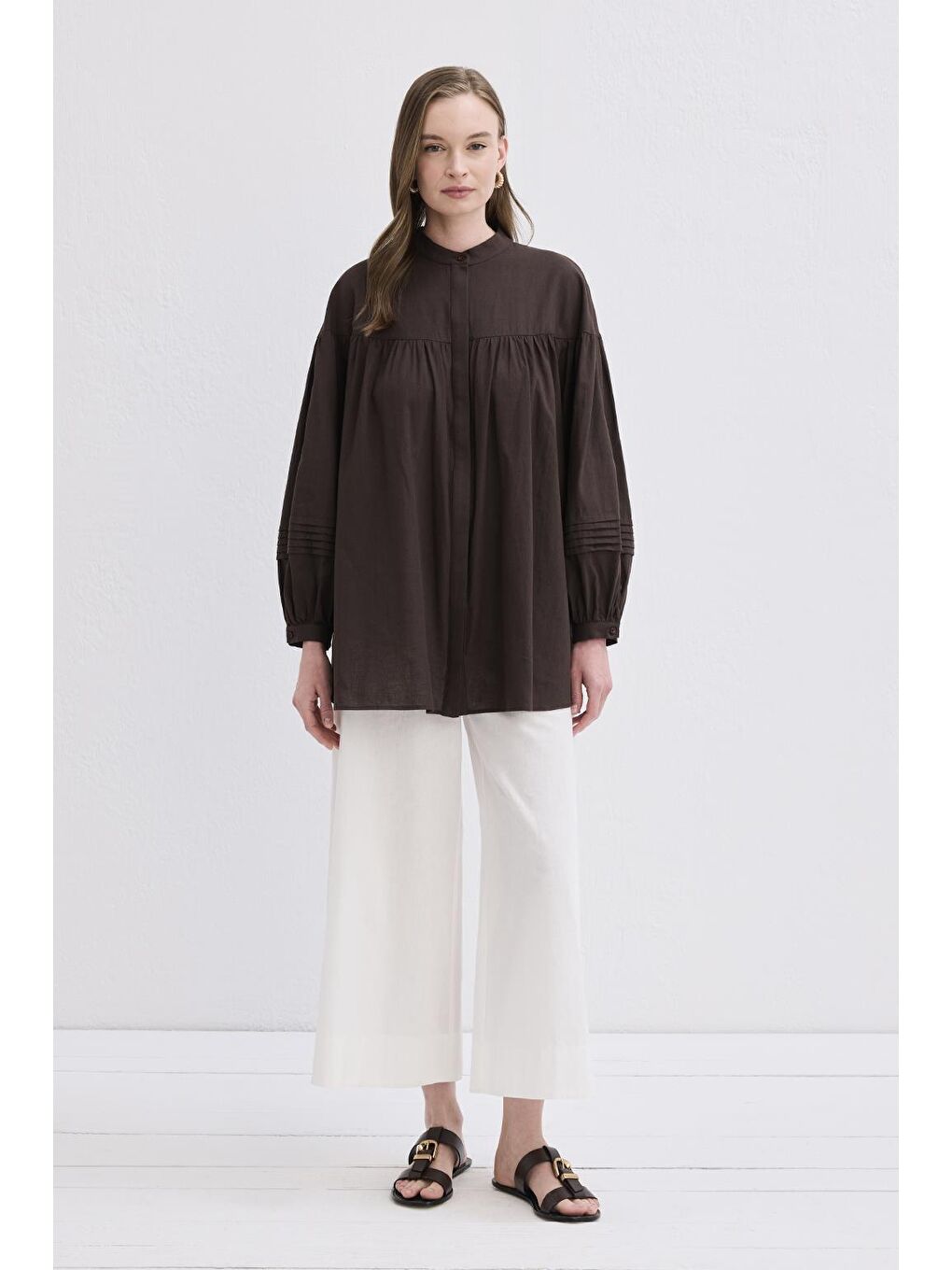 Kahverengi Nervürlü Keten Gömlek Kahve-1