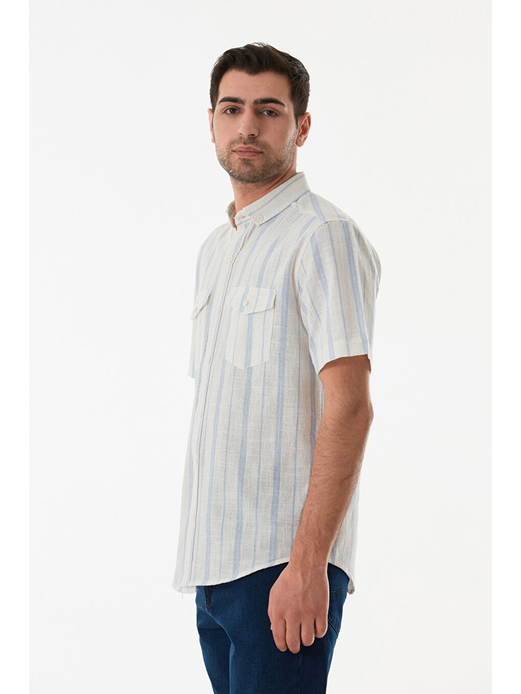 Mavi Çizgili Çift Cepli Düğmeli %100 Pamuk Gömlek-1