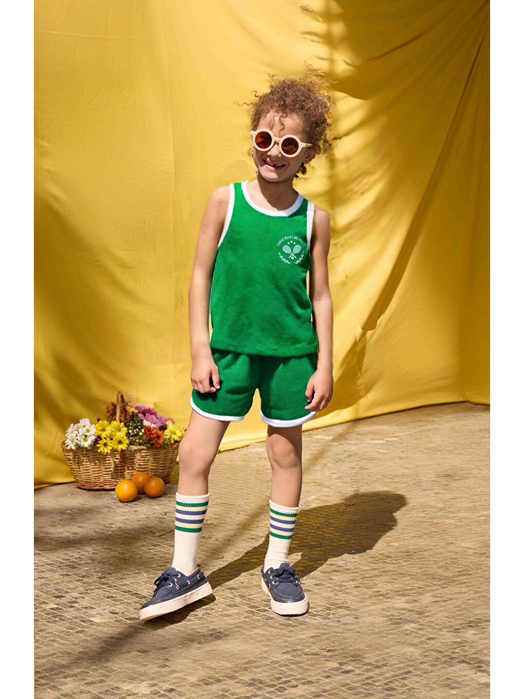 Erkek Çocuk Havlu Tennis Nakışlı Alt Üst Takım - Yeşil (3-4 Yaş 8-9 Yaş)