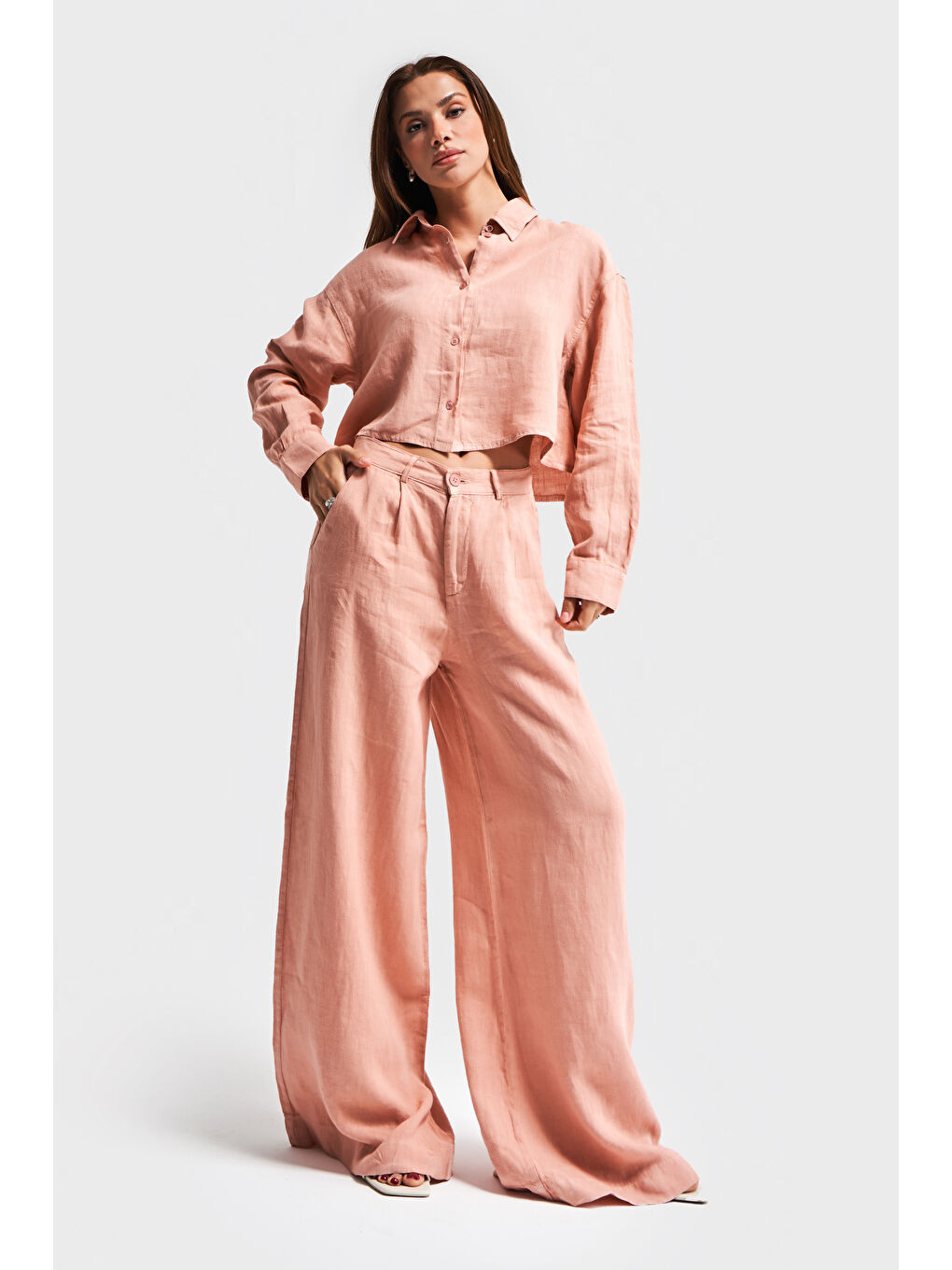 Pembe Kadın Orkide Pudra Renk 6s5-21 Palazzo Fit Keten Kumaş Bol Kesim Pantolon-4