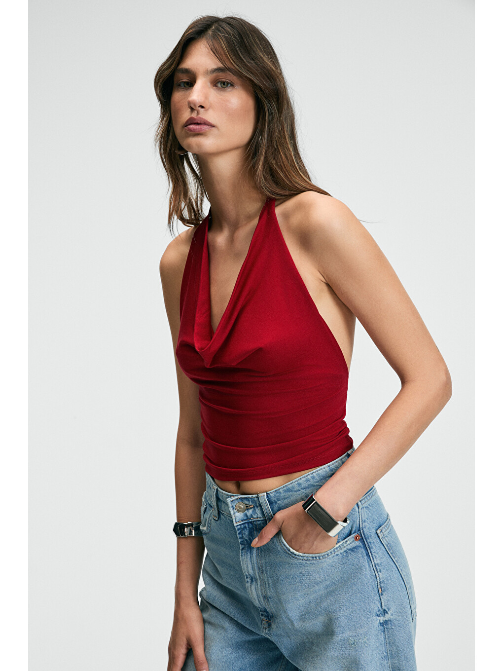 Neslıva Kadın Degaje Halter Yaka Kalın Askılı Sırtı Açık Crop Kırmızı Bluz-3