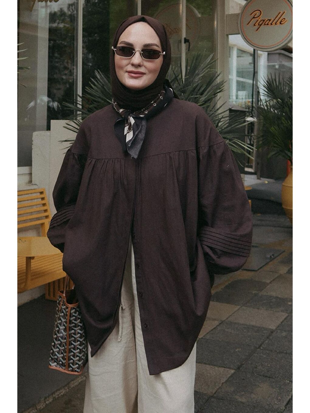 Kahverengi Nervürlü Keten Gömlek Kahve-4