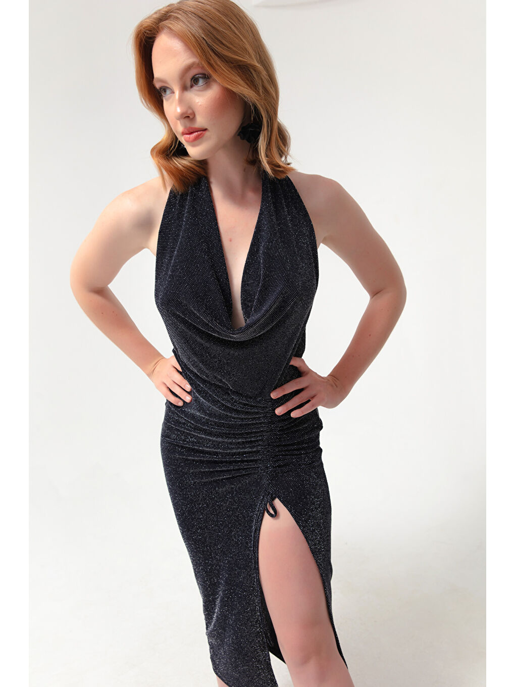 Kadın Lacivert Sırtı Zincir Detaylı Abiye Elbise