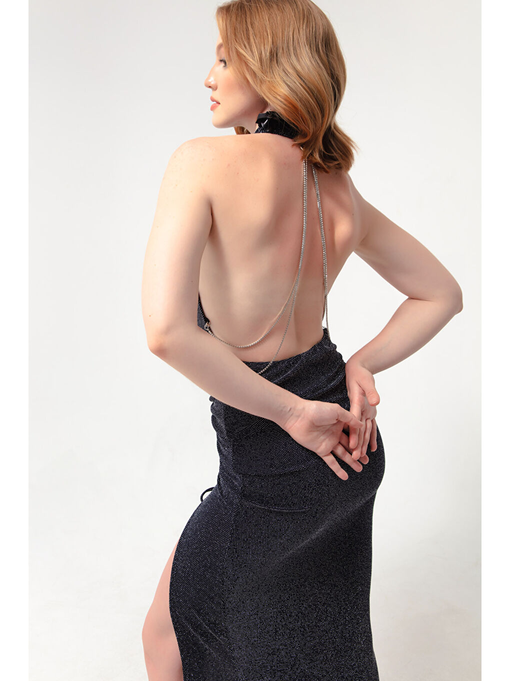 Kadın Lacivert Sırtı Zincir Detaylı Abiye Elbise-1