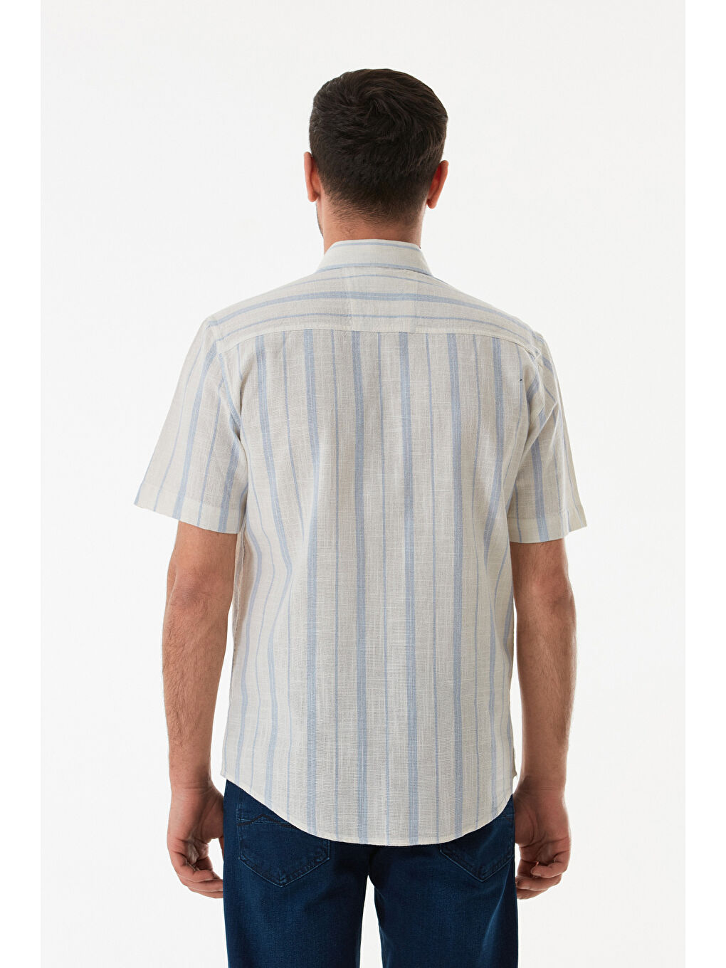 Mavi Çizgili Çift Cepli Düğmeli %100 Pamuk Gömlek-2