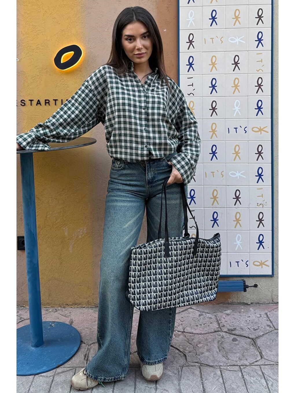 Yeşil Oversize Kareli Kadın Gömlek Mg2822-1
