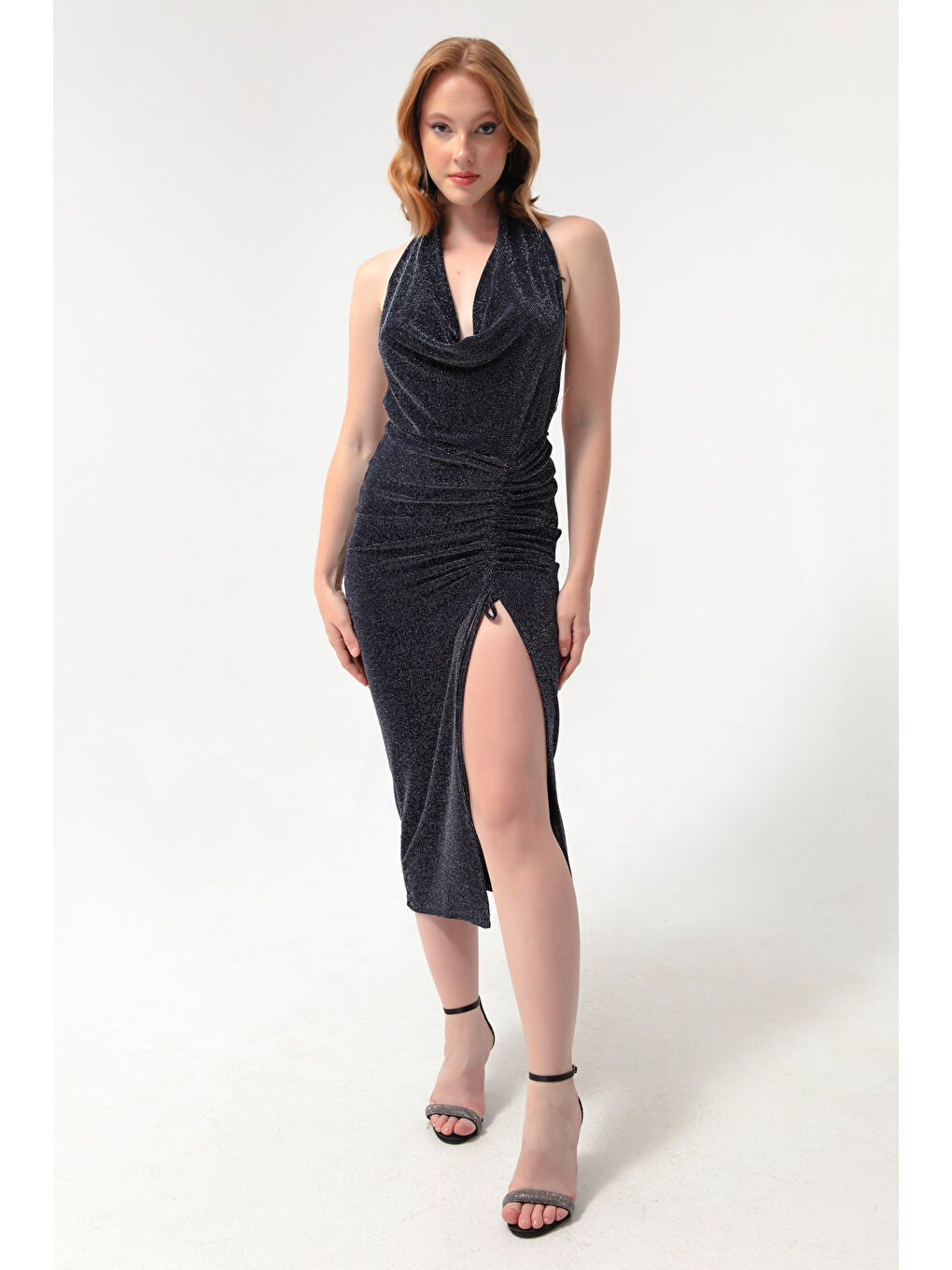 Kadın Lacivert Sırtı Zincir Detaylı Abiye Elbise-2