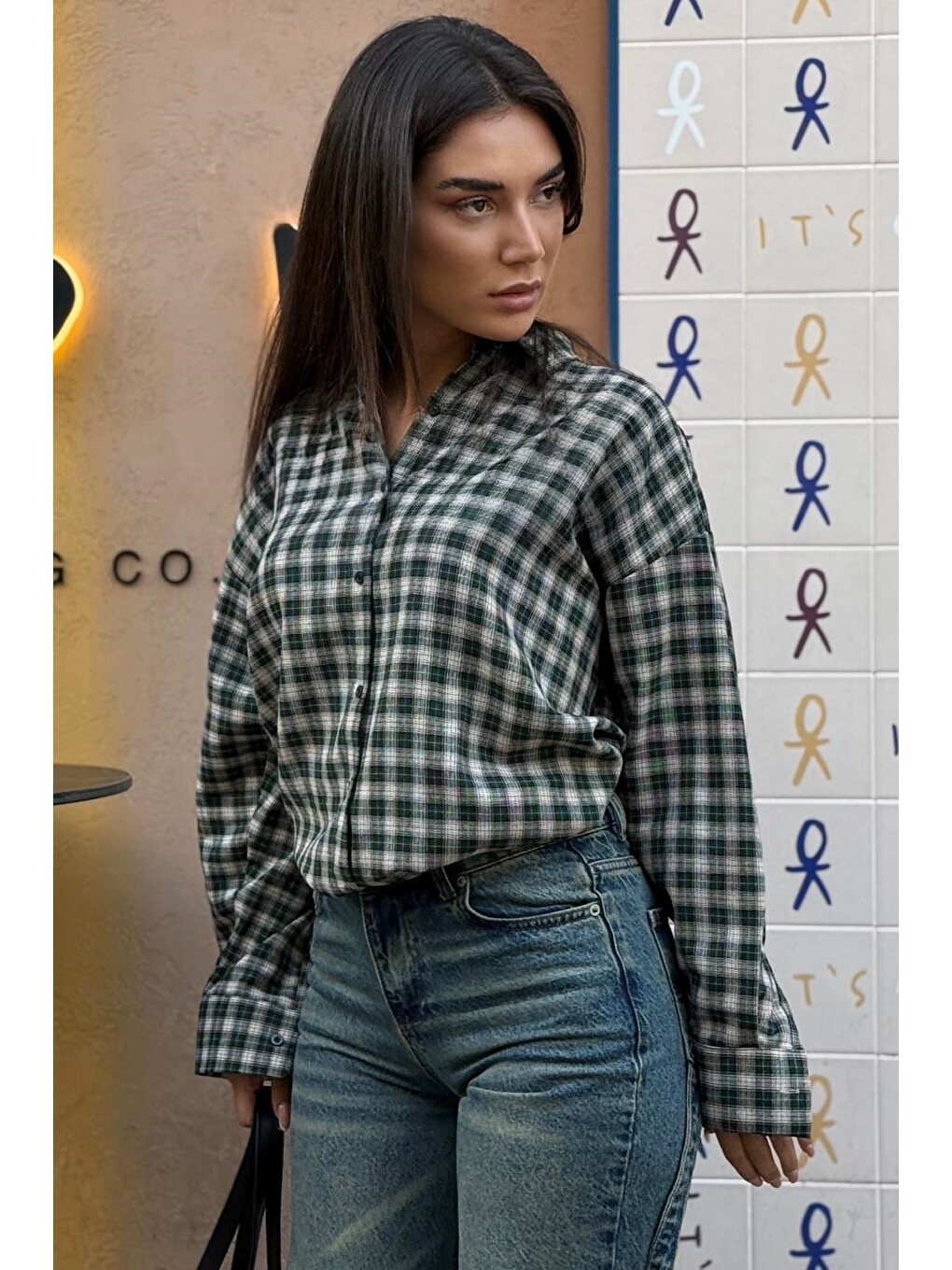 Yeşil Oversize Kareli Kadın Gömlek Mg2822-3
