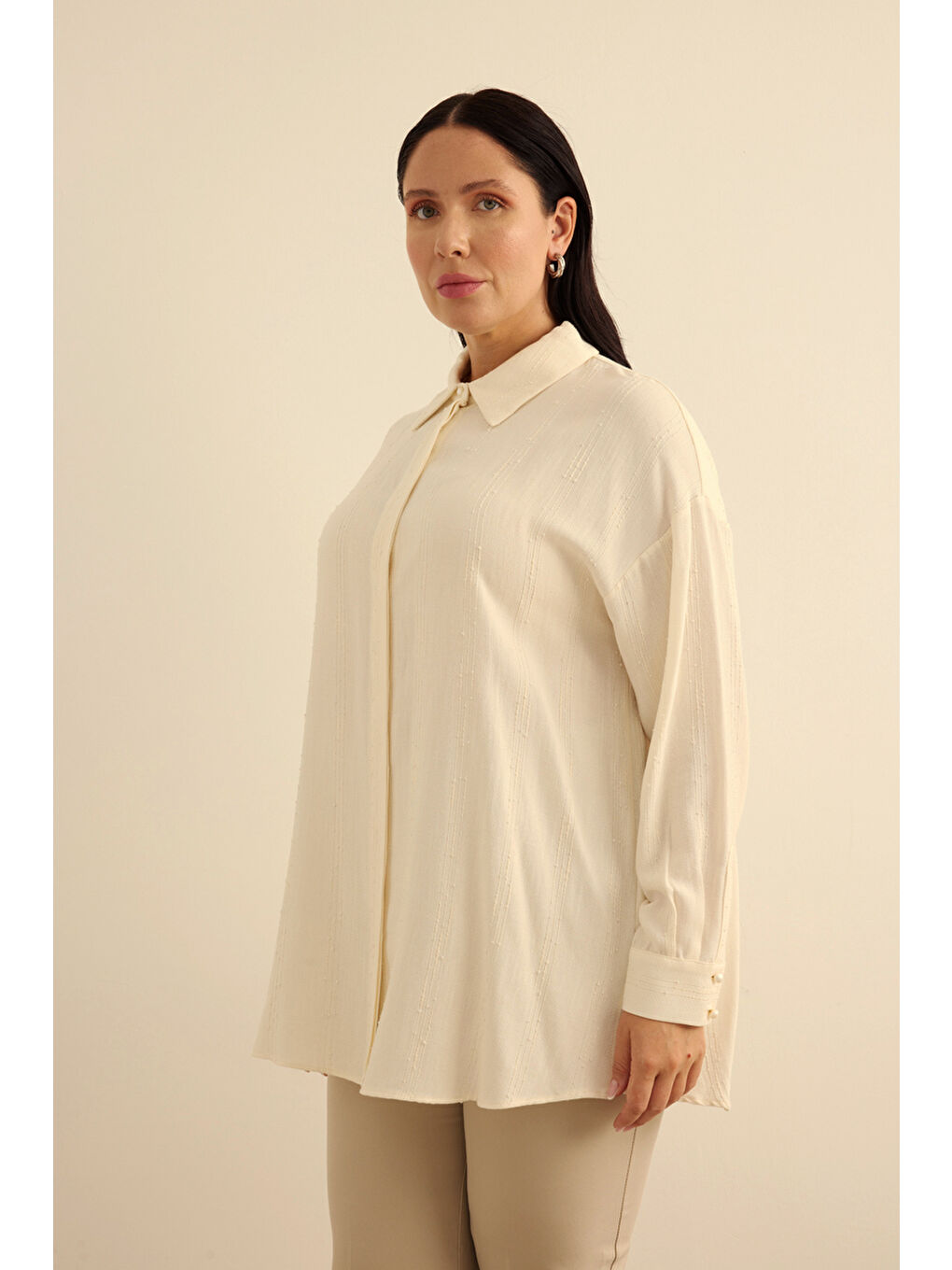 Ekru Bürümcük İp Dokulu , Viscon Keten Tunik-2