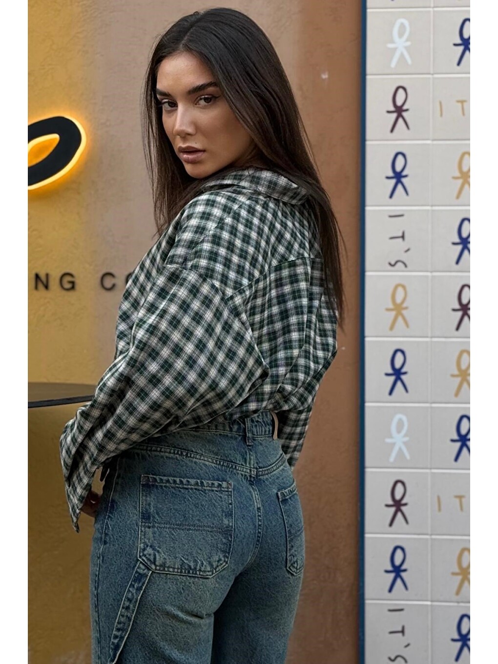Yeşil Oversize Kareli Kadın Gömlek Mg2822-4