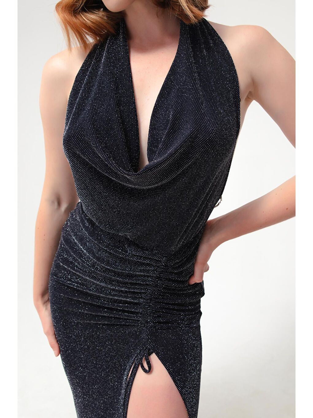 Kadın Lacivert Sırtı Zincir Detaylı Abiye Elbise-3