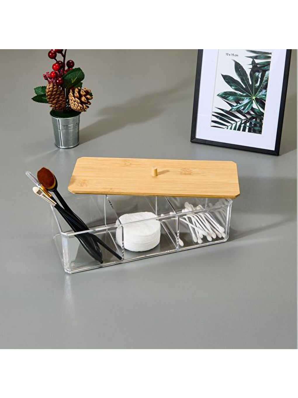 Bambu Kapaklı Makyaj Organizeri - Şeffaf - 24x9,5 cm-3