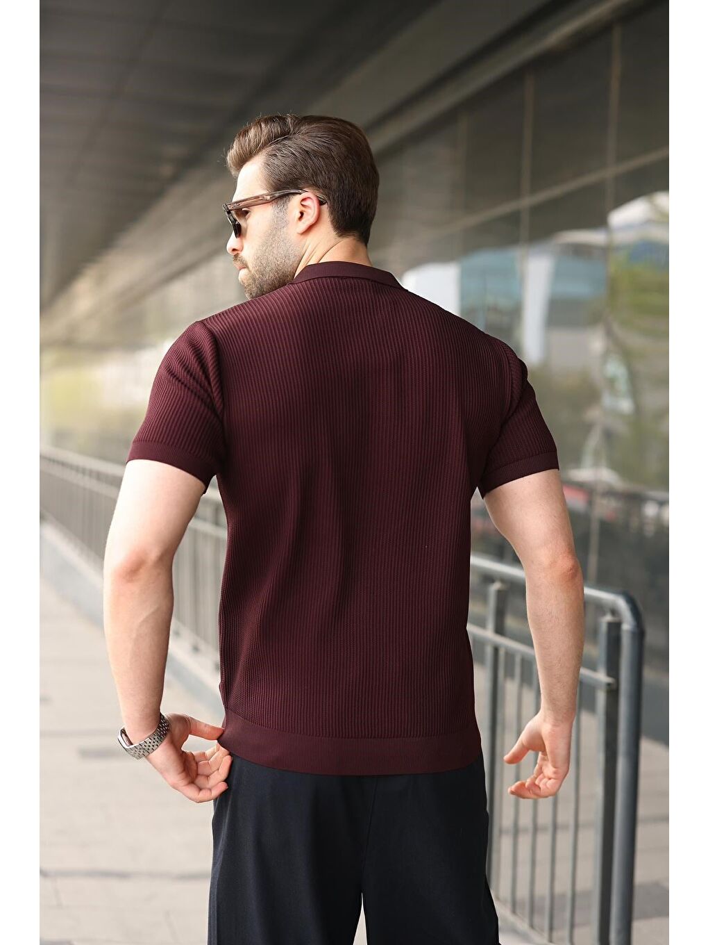 Mürdüm Yarım Fermuar Detaylı Polo Yaka Triko Erkek Tişört E7492-3