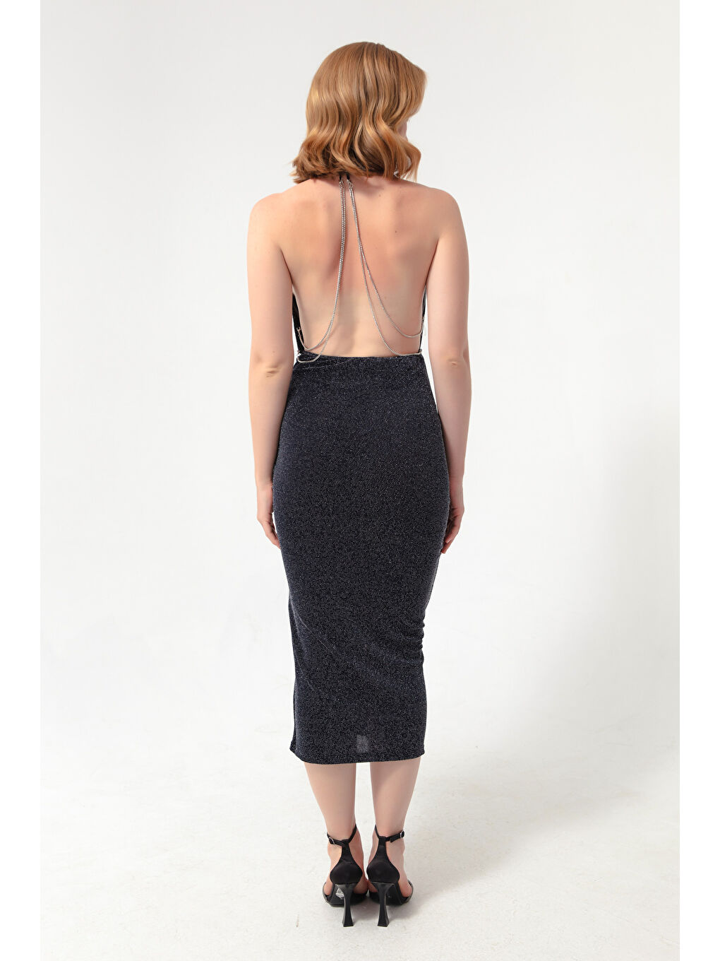 Kadın Lacivert Sırtı Zincir Detaylı Abiye Elbise-4