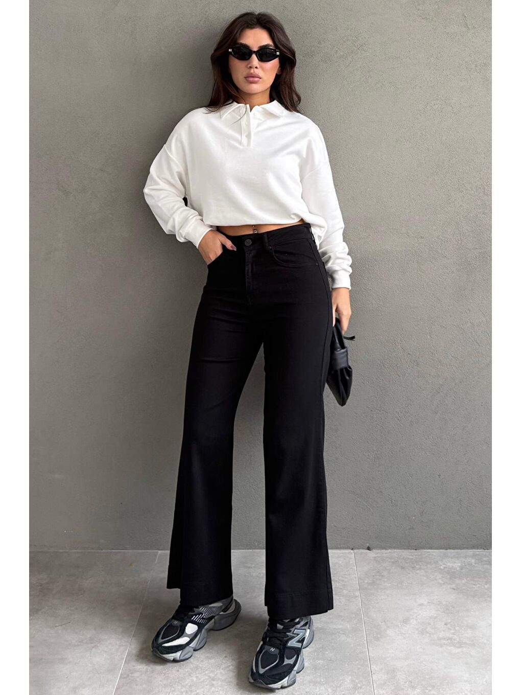 Siyah Düz Kesim Geniş Paça Kadın Flared Jean Mg2630-6