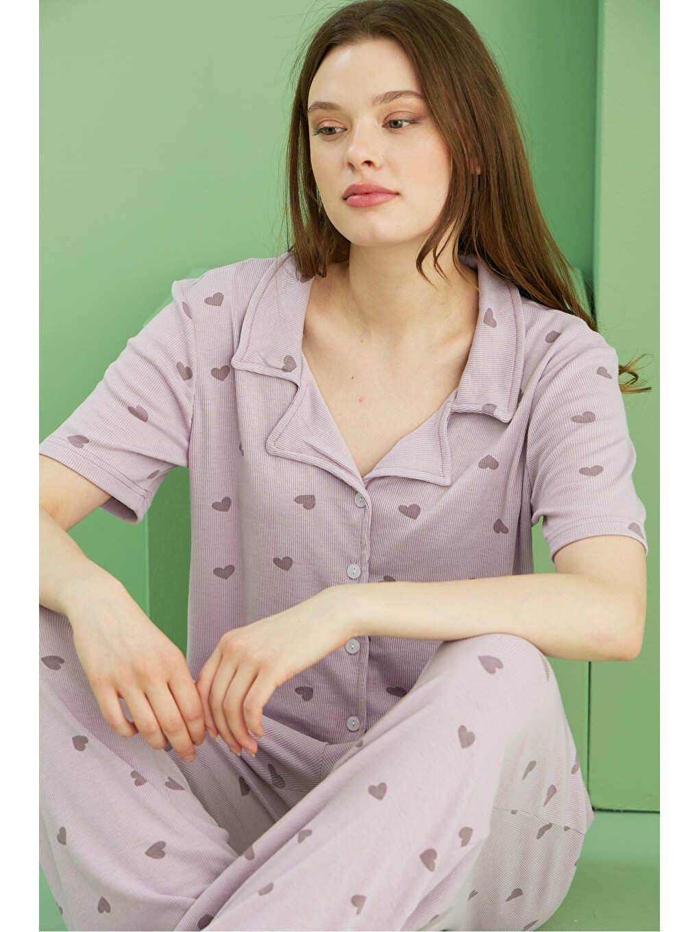 Lila Kalp Baskılı Fitilli Kaşkorse Örme Düğmeli Gömlek Yaka Pijama Takım