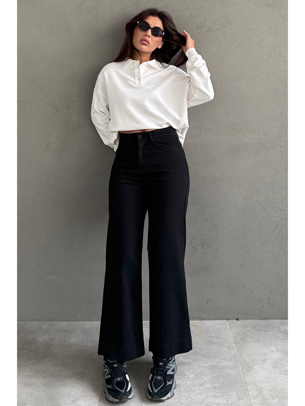 Siyah Düz Kesim Geniş Paça Kadın Flared Jean Mg2630-7