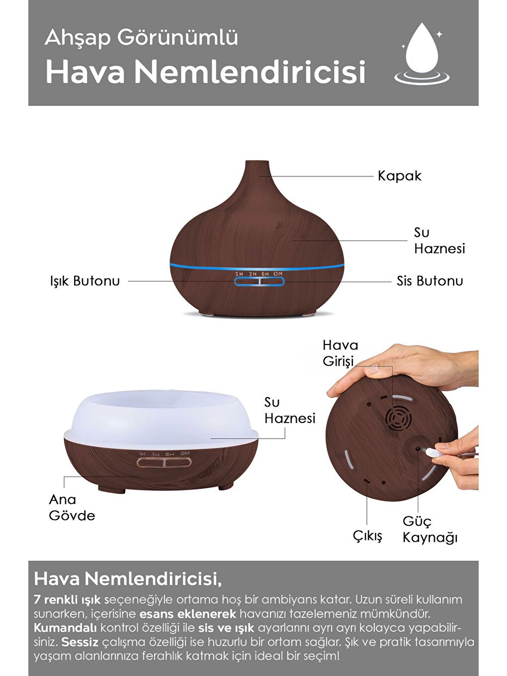 Oda Hava Ne mlendirici 7 Renk LED Işıklı Buhar Makinesi Aroma Difüzörü Humidifier Koyu Kahve-1