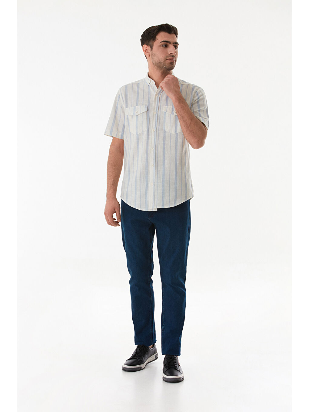 Mavi Çizgili Çift Cepli Düğmeli %100 Pamuk Gömlek-3