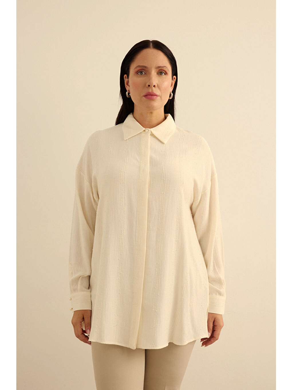 Ekru Bürümcük İp Dokulu , Viscon Keten Tunik-4