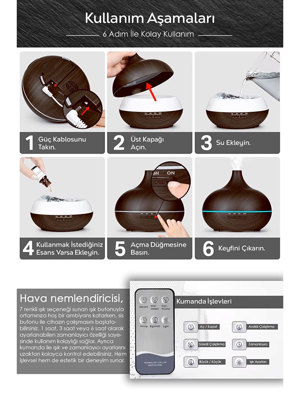 Oda Hava Ne mlendirici 7 Renk LED Işıklı Buhar Makinesi Aroma Difüzörü Humidifier Koyu Kahve-2