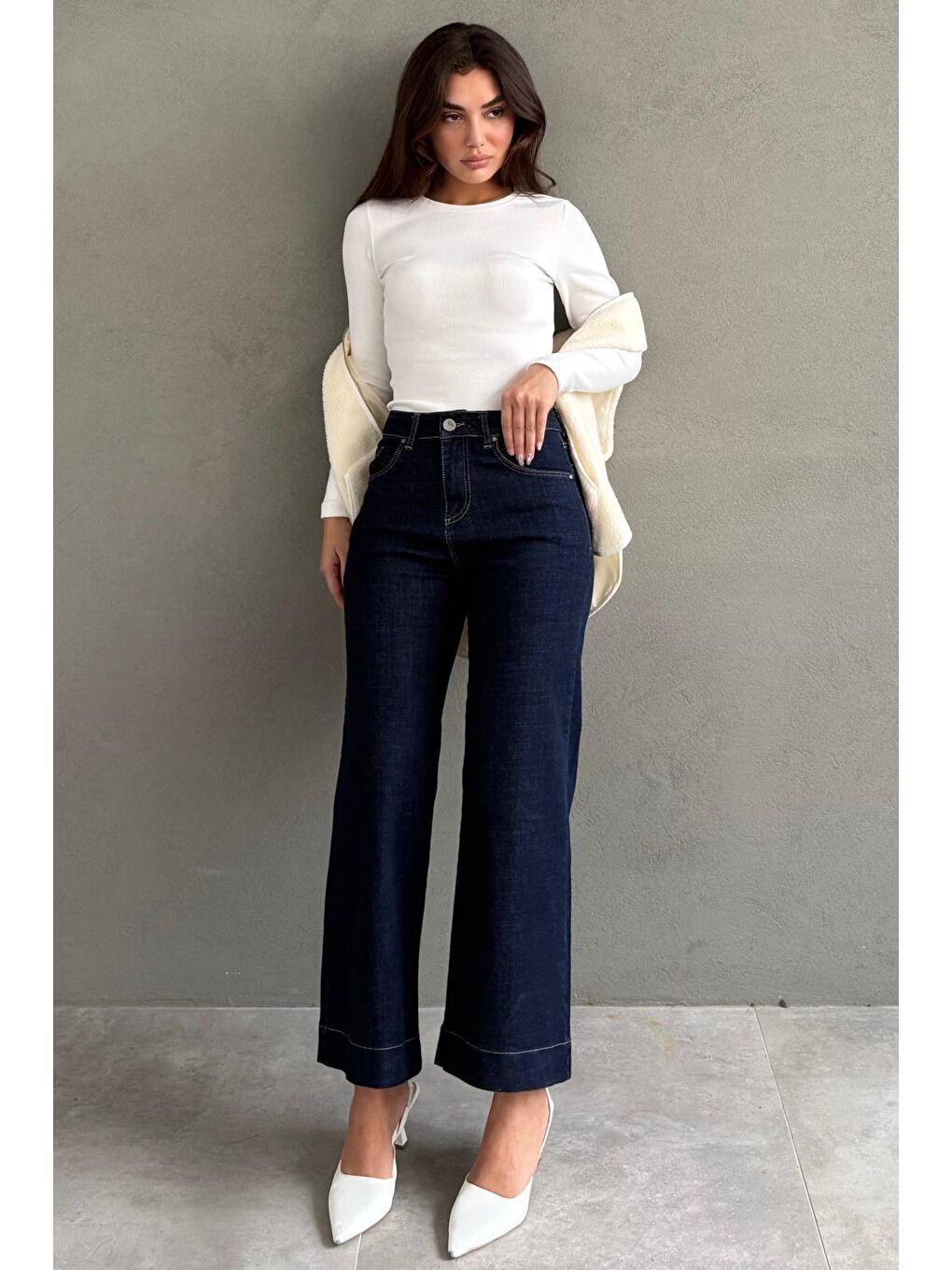 Lacivert Düz Kesim Geniş Paça Kadın Flared Jean Mg2630-5