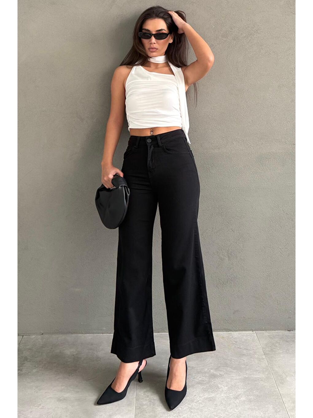 Siyah Düz Kesim Geniş Paça Kadın Flared Jean Mg2630-8