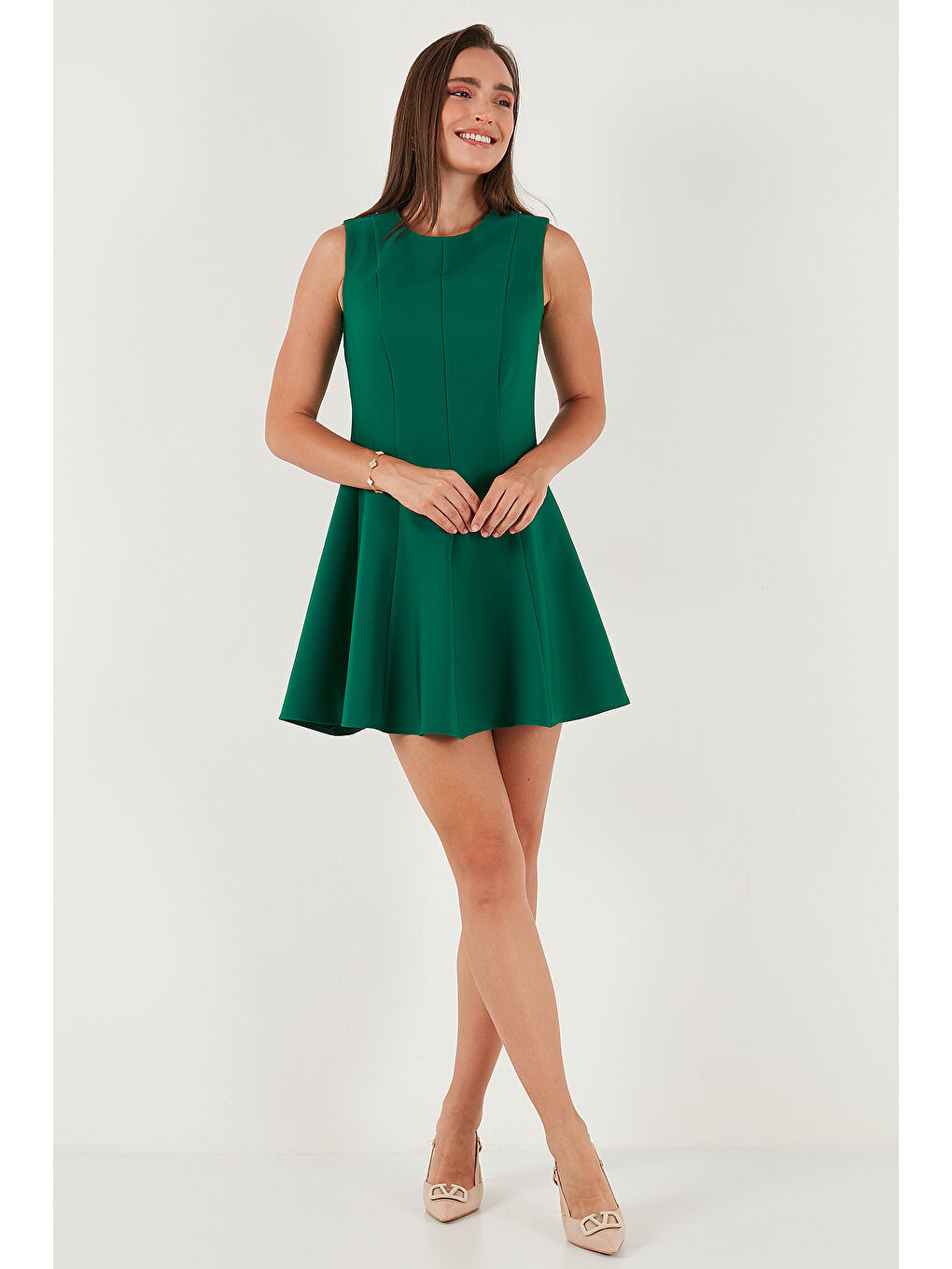 Yeşil Regular Fit Bisiklet Yaka Volanlı Mini Boy Elbise 6525647-1