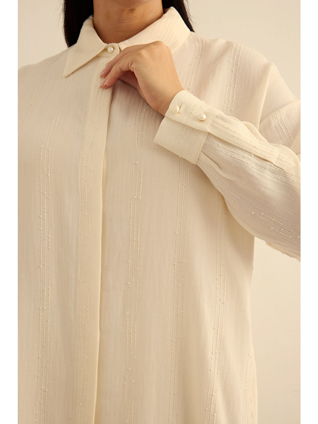 Ekru Bürümcük İp Dokulu , Viscon Keten Tunik-5