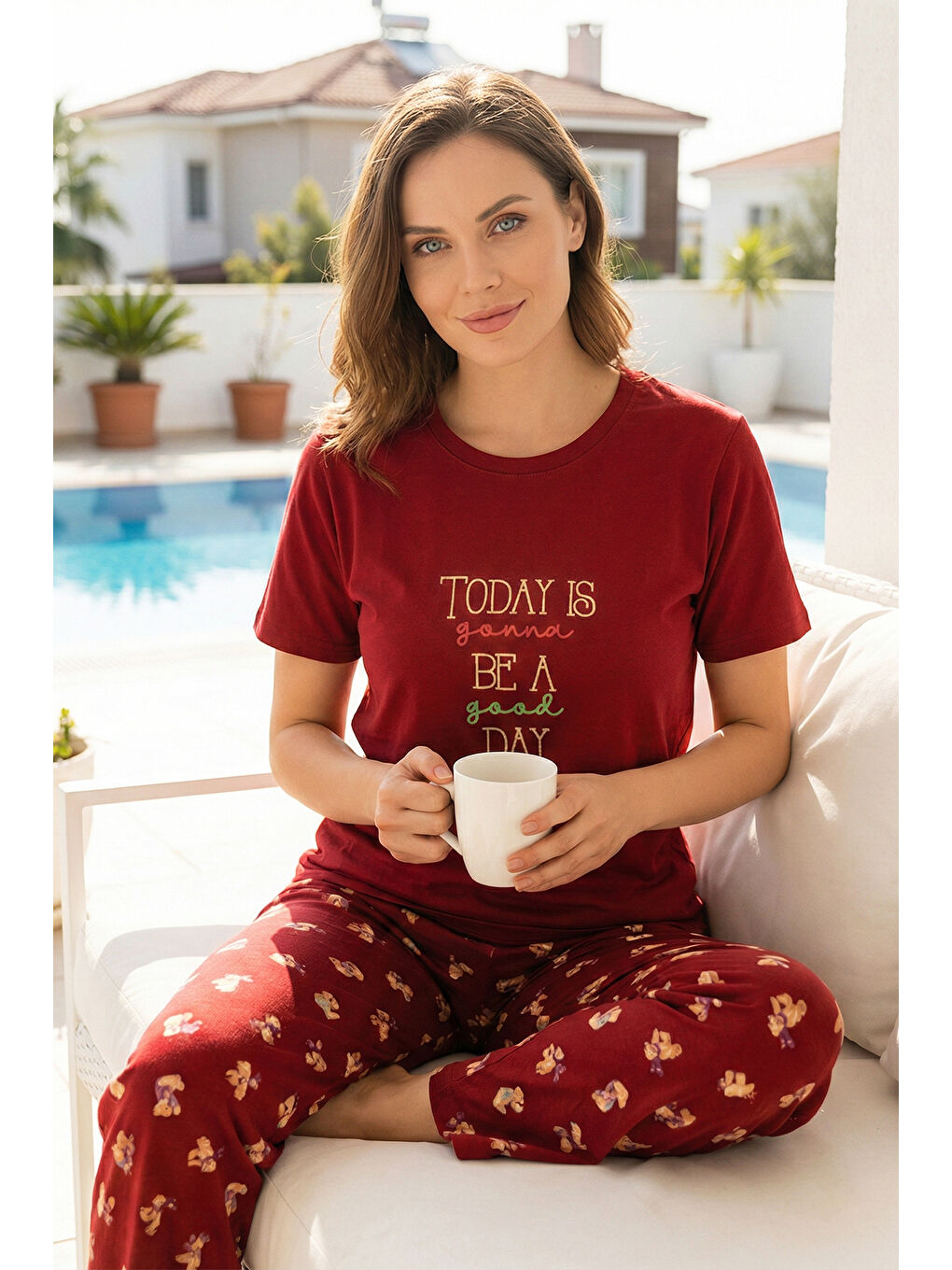 Kadın Kısa Kol Compakt Penye Kumaş Pijama Takımı 90784-3283 Kırmızı-2