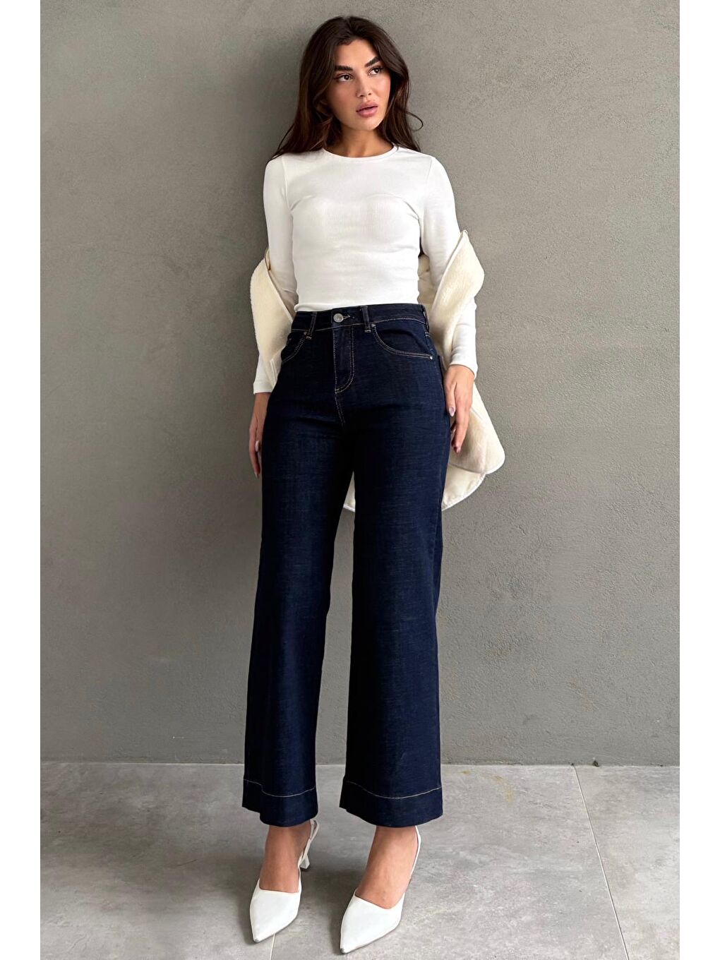 Lacivert Düz Kesim Geniş Paça Kadın Flared Jean Mg2630-7