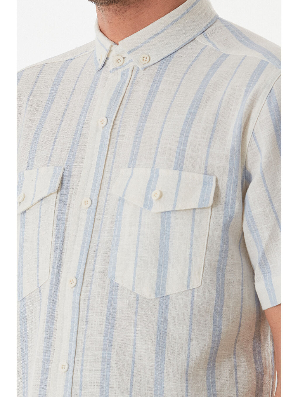 Mavi Çizgili Çift Cepli Düğmeli %100 Pamuk Gömlek-4