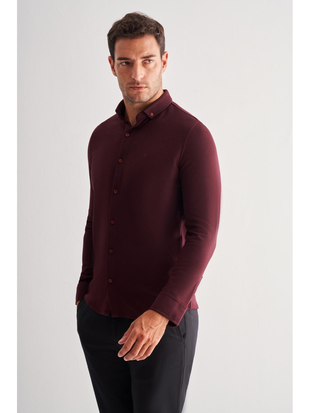 Kırmızı Vişne Smart Düğmeli Yaka Uzun Kol Cepsiz Slim Fit Casual Gömlek 1004255167-2
