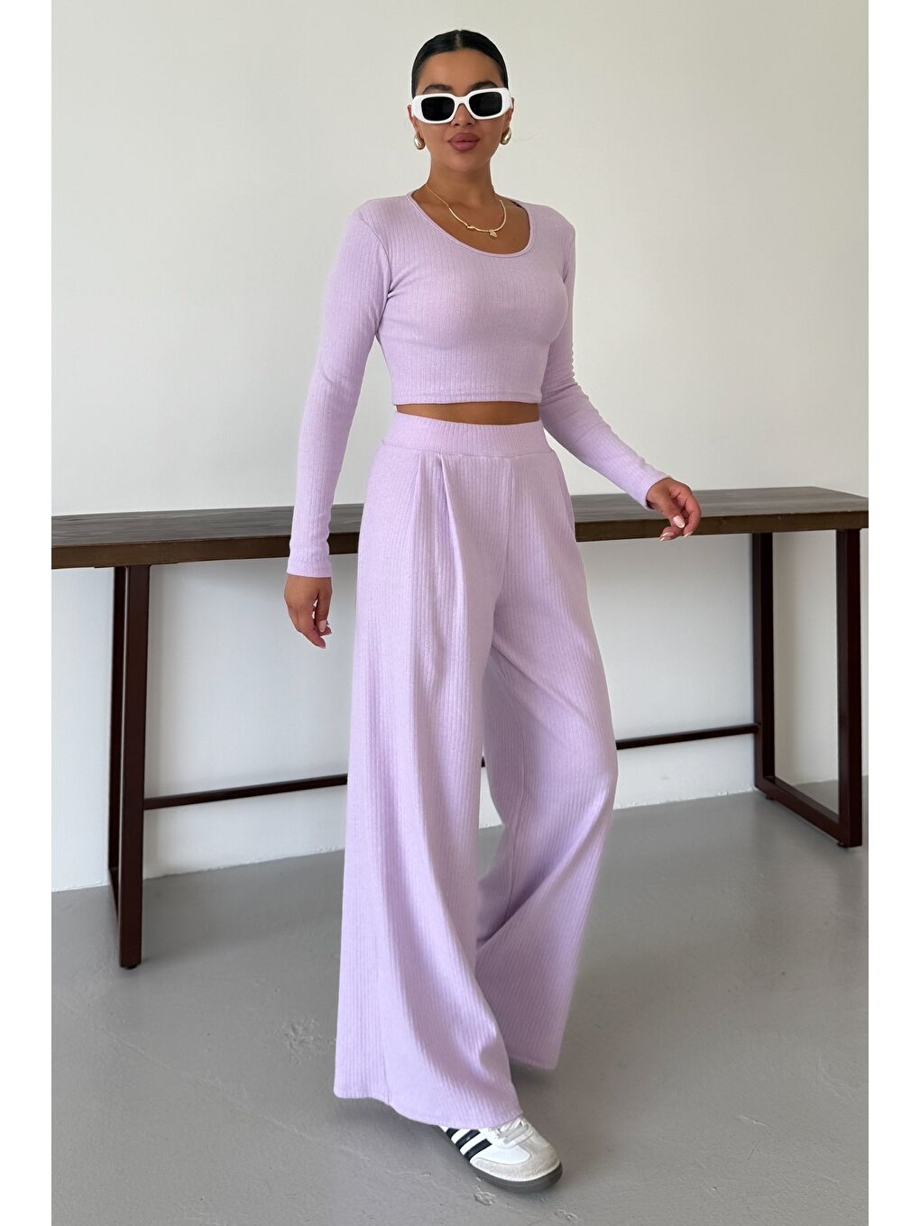 Mor Kadın Eflatun Yuvarlak Yaka Bluzlu Alt-Üst Pantolonlu İnterlok Takım