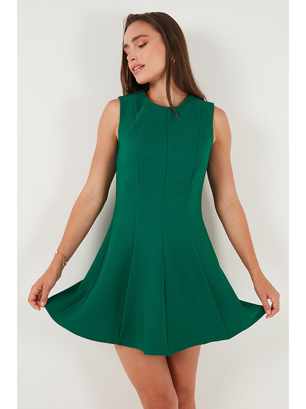 Yeşil Regular Fit Bisiklet Yaka Volanlı Mini Boy Elbise 6525647-2