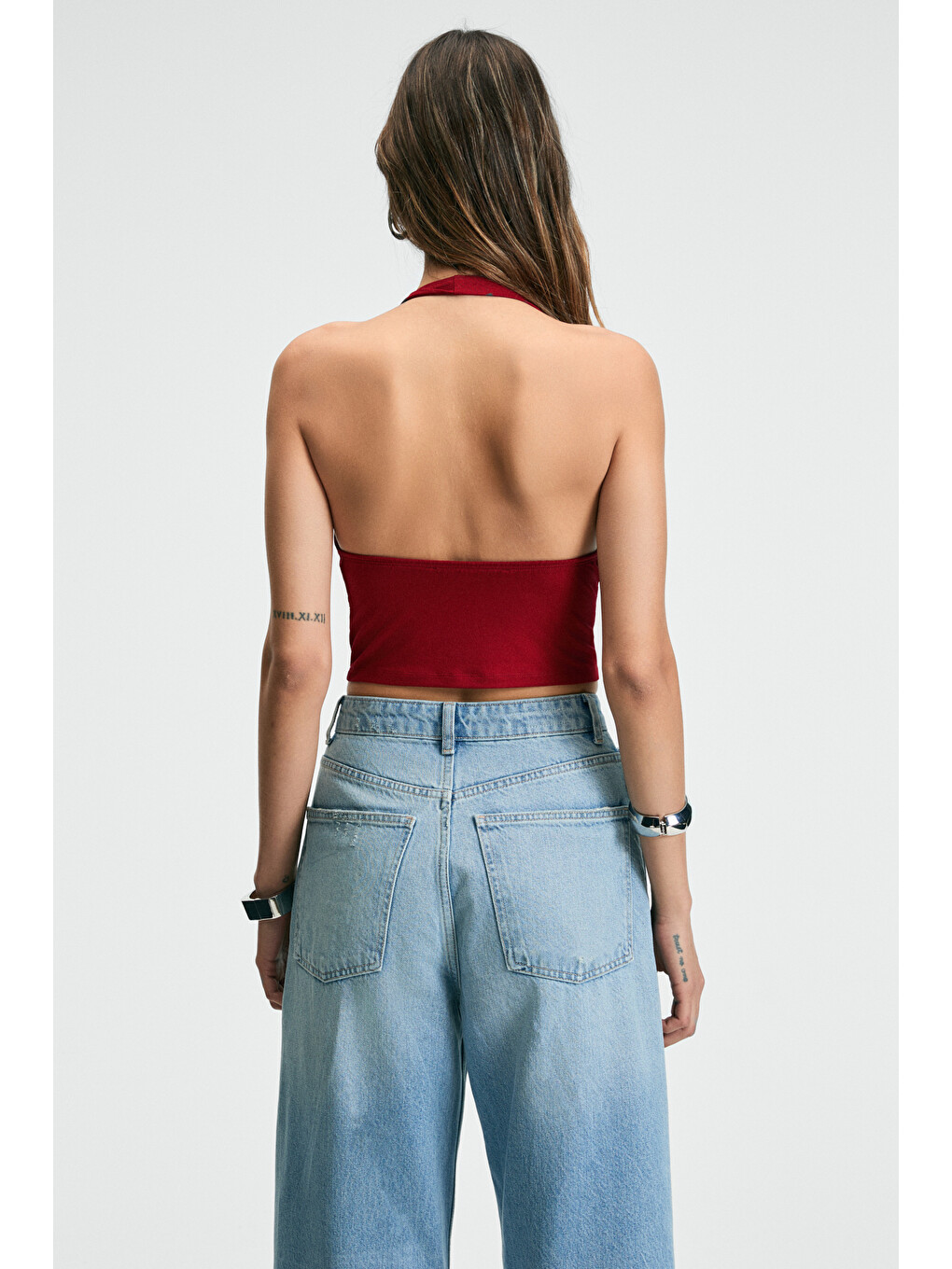 Neslıva Kadın Degaje Halter Yaka Kalın Askılı Sırtı Açık Crop Kırmızı Bluz-5