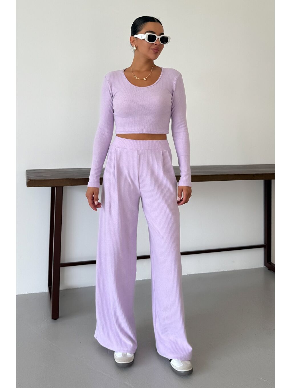 Mor Kadın Eflatun Yuvarlak Yaka Bluzlu Alt-Üst Pantolonlu İnterlok Takım-1