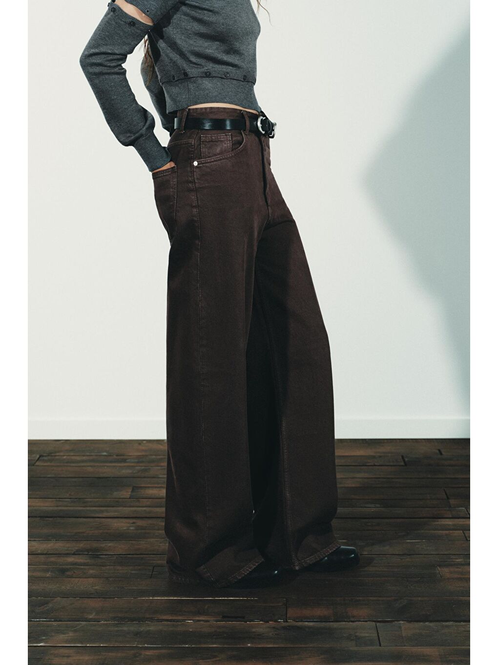 Kahverengi %100Pamuklu Geniş Paça Yüksek Bel Kadın Wide Leg Jean Mg2623-2