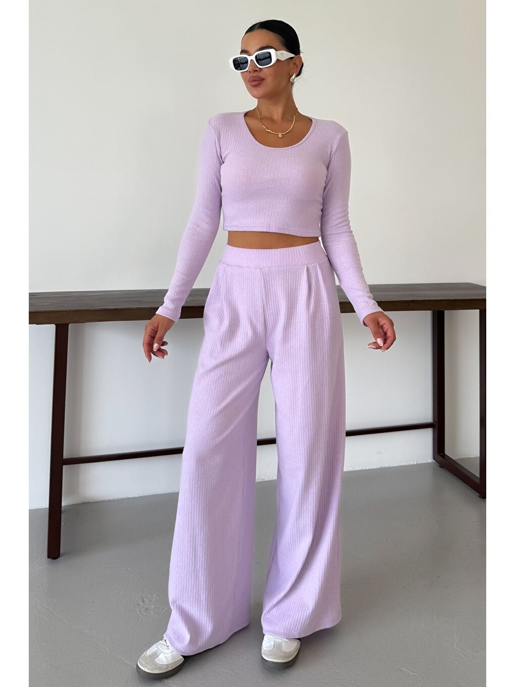 Mor Kadın Eflatun Yuvarlak Yaka Bluzlu Alt-Üst Pantolonlu İnterlok Takım-2