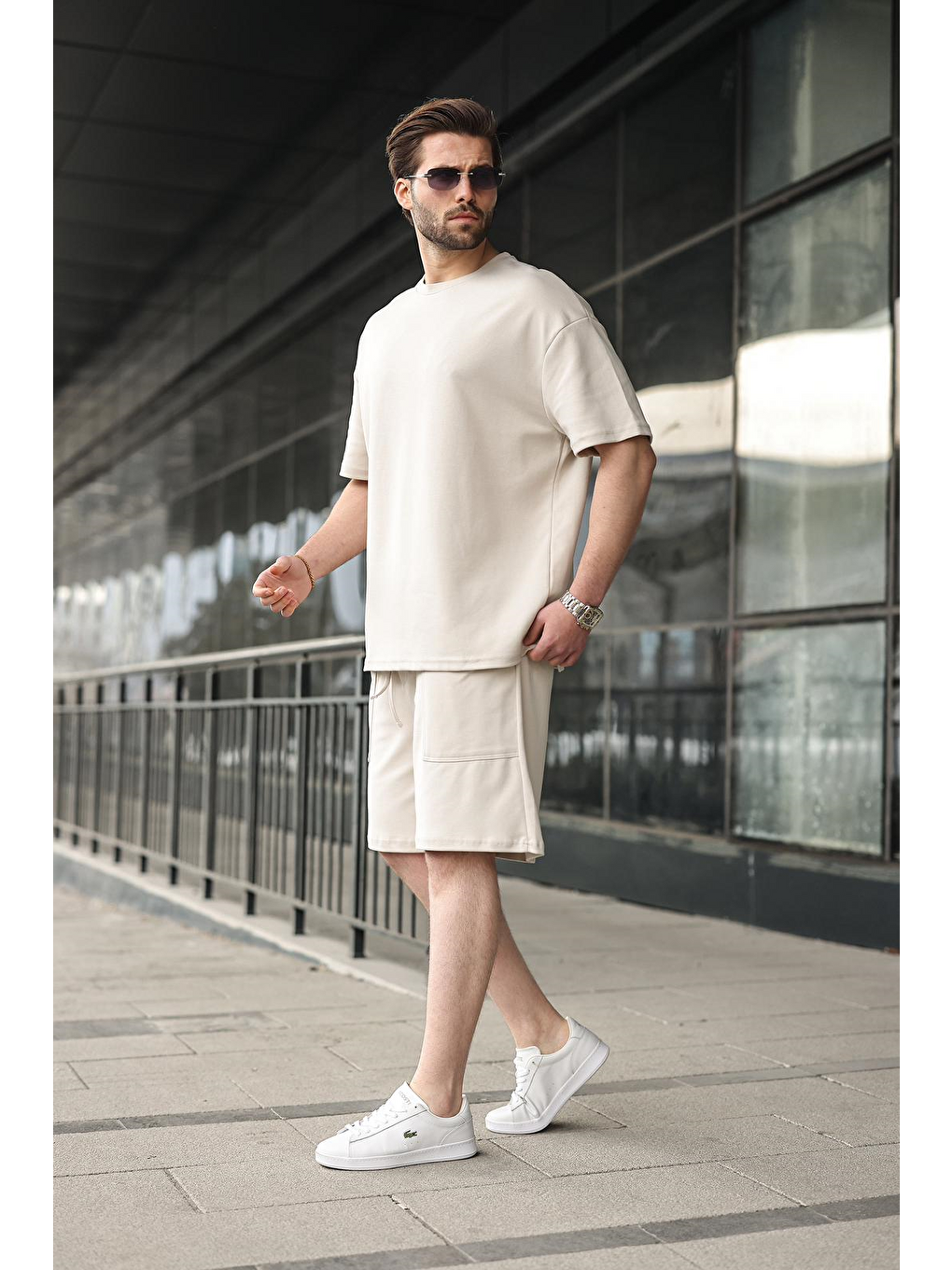 Bej Taş Rengi Bisiklet Yaka Oversize Erkek Şort T-Shirt Takım E7355