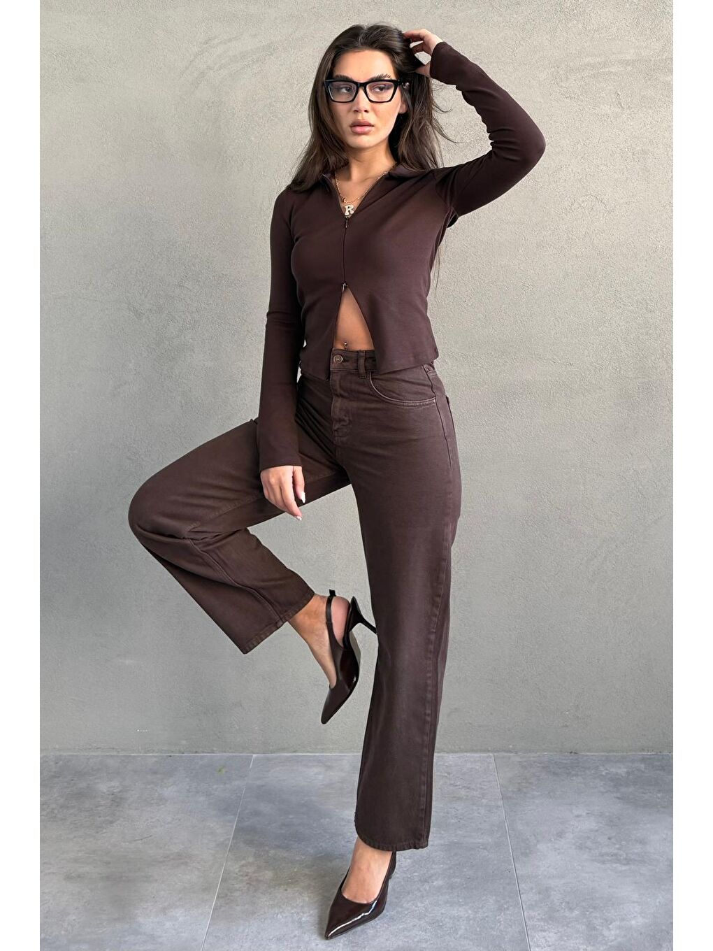 Kahverengi Yüksek Bel Mom Fit Kadın Jean Mg2654-1