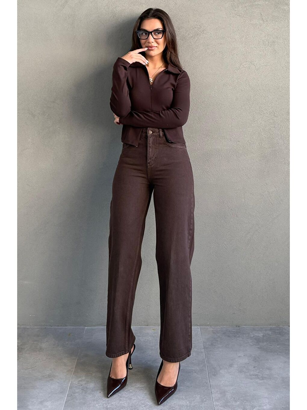 Kahverengi Yüksek Bel Mom Fit Kadın Jean Mg2654-2