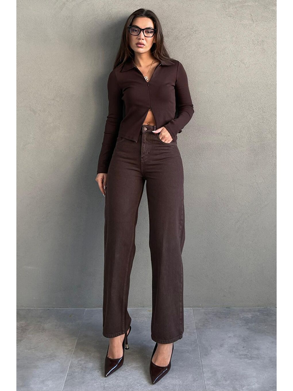 Kahverengi Yüksek Bel Mom Fit Kadın Jean Mg2654-3