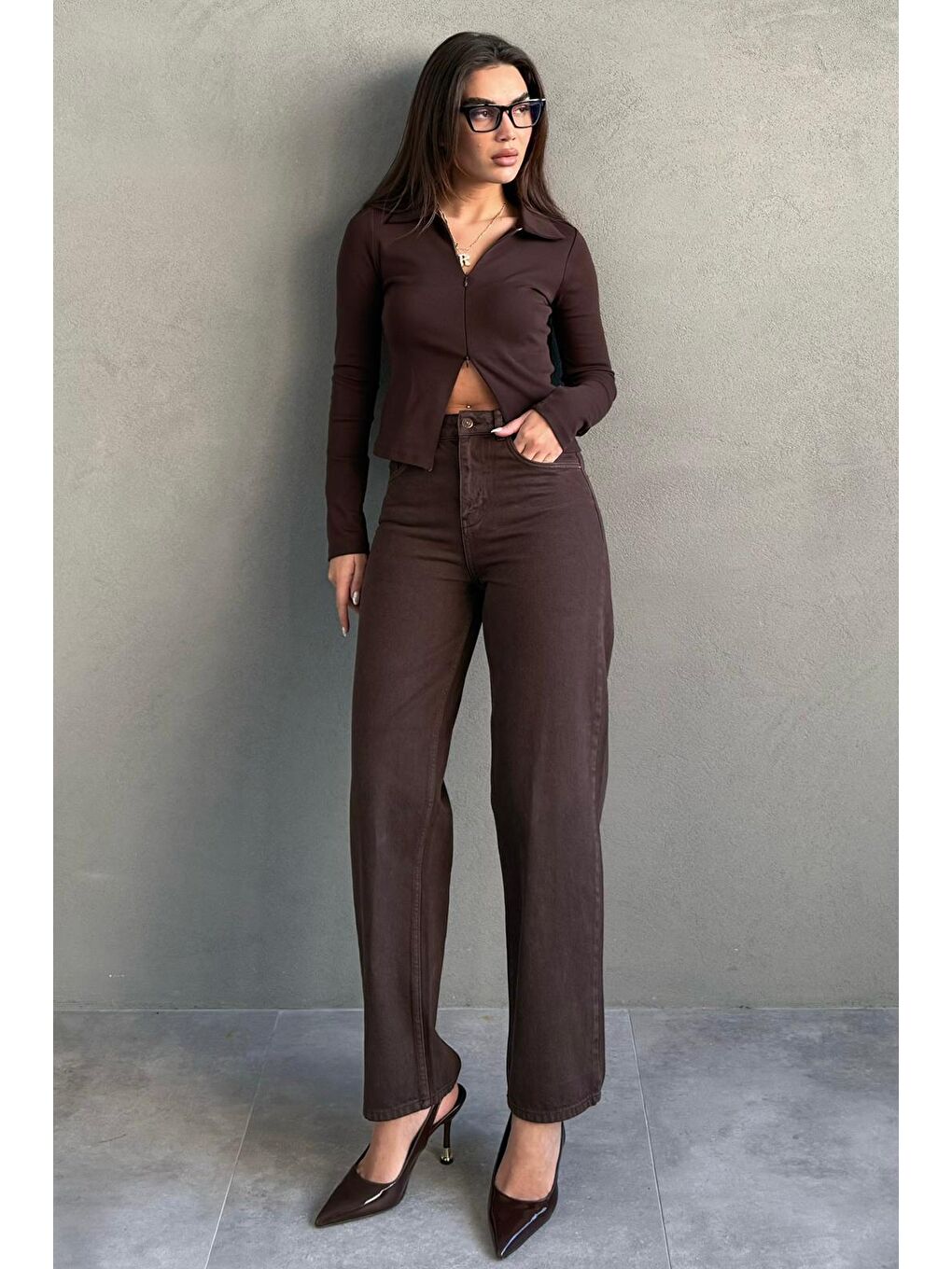 Kahverengi Yüksek Bel Mom Fit Kadın Jean Mg2654-4