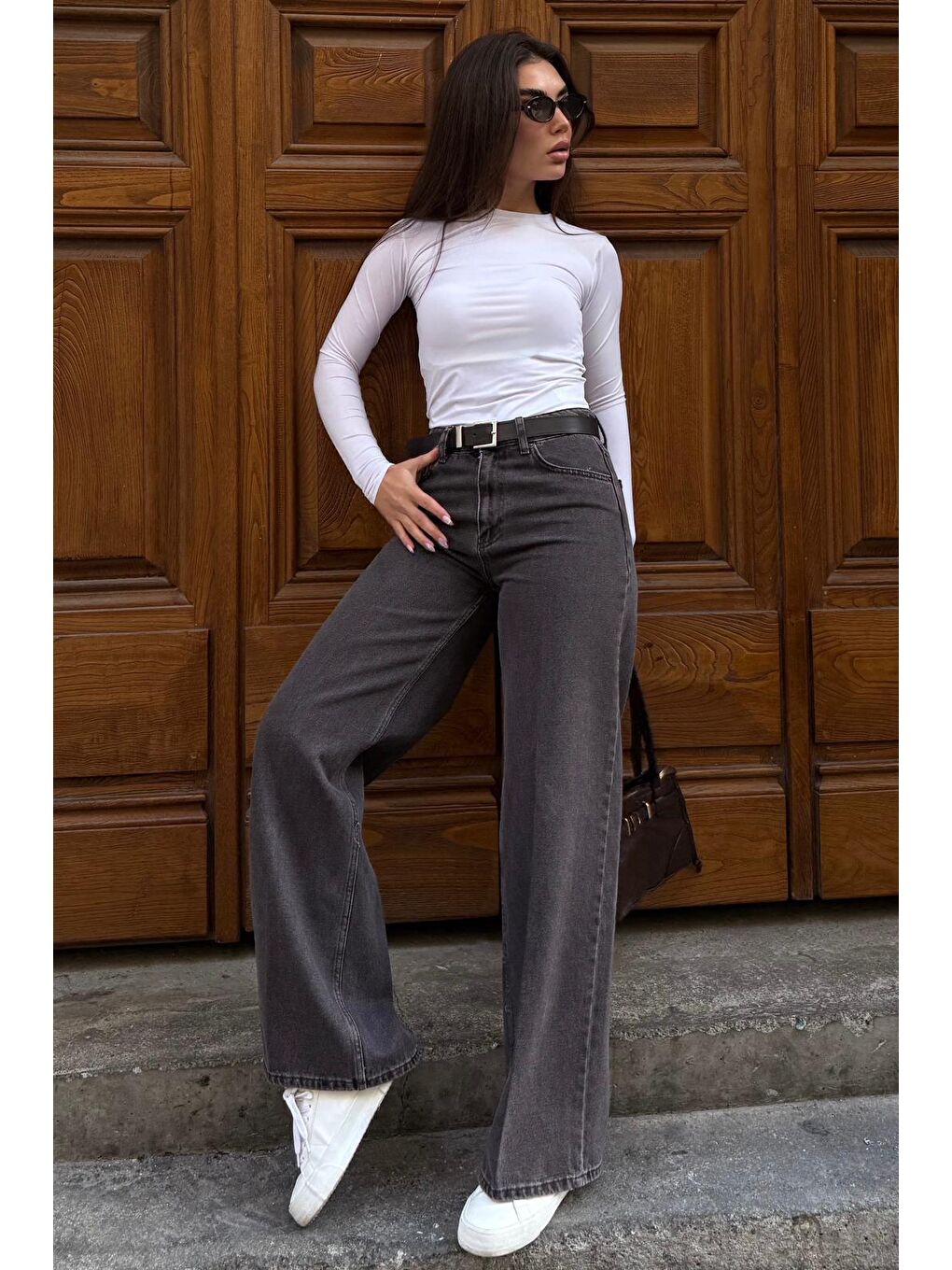 Kahverengi %100Pamuklu Geniş Paça Yüksek Bel Kadın Wide Leg Jean Mg2623-4