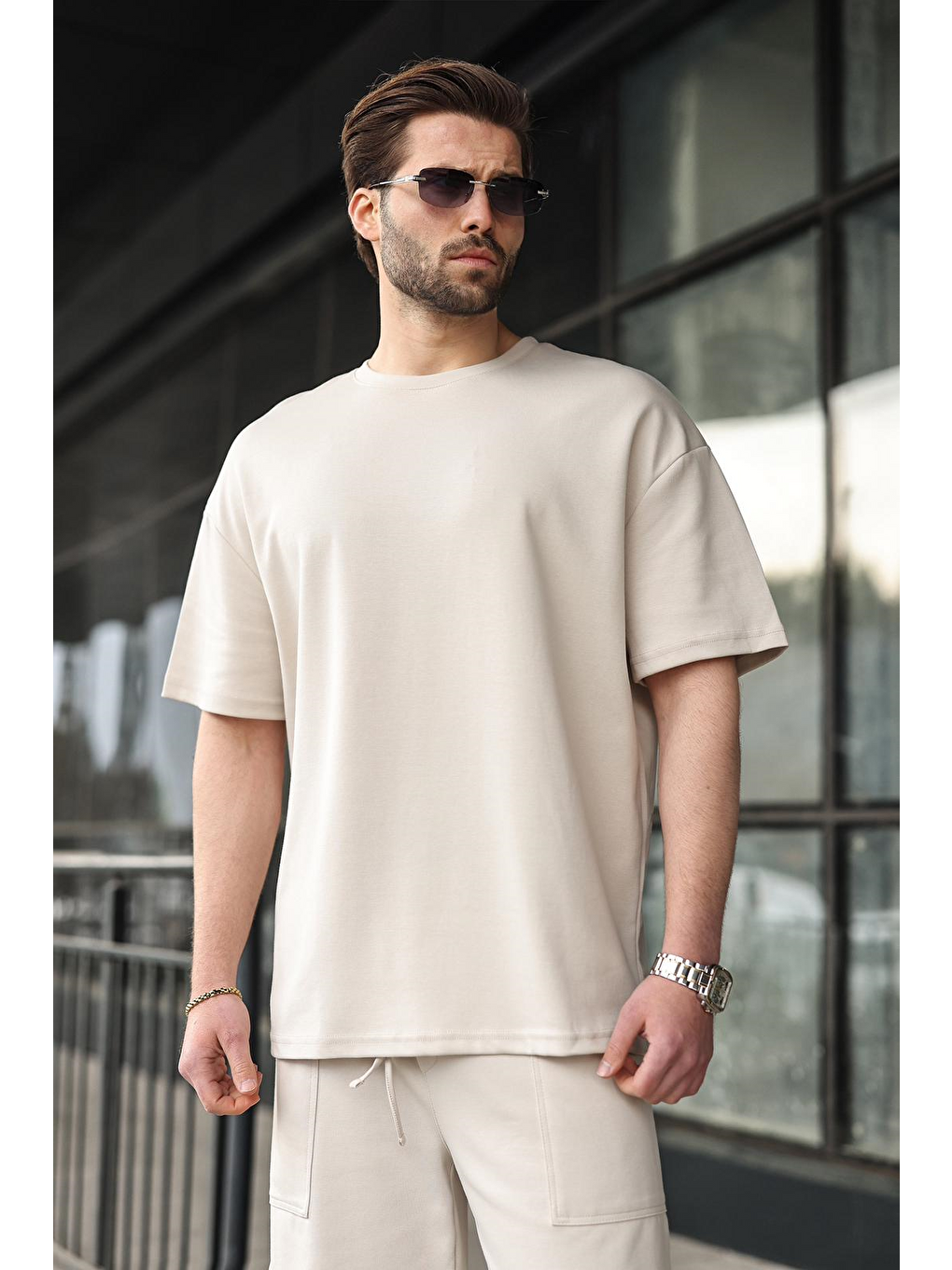 Bej Taş Rengi Bisiklet Yaka Oversize Erkek Şort T-Shirt Takım E7355-2