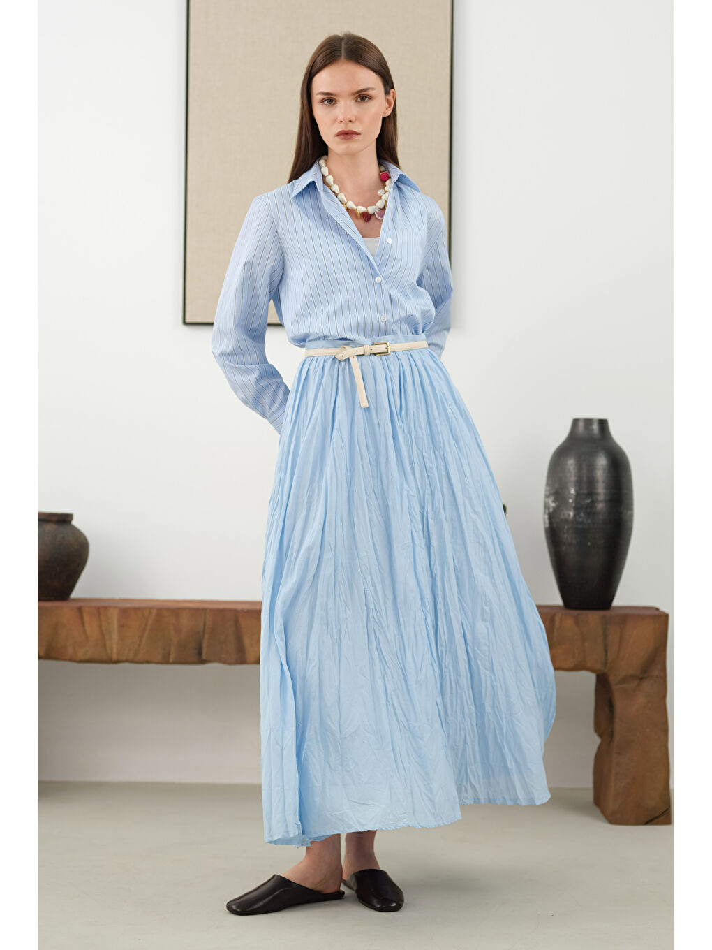 Çizgili Fit Gömlek Mavi-1